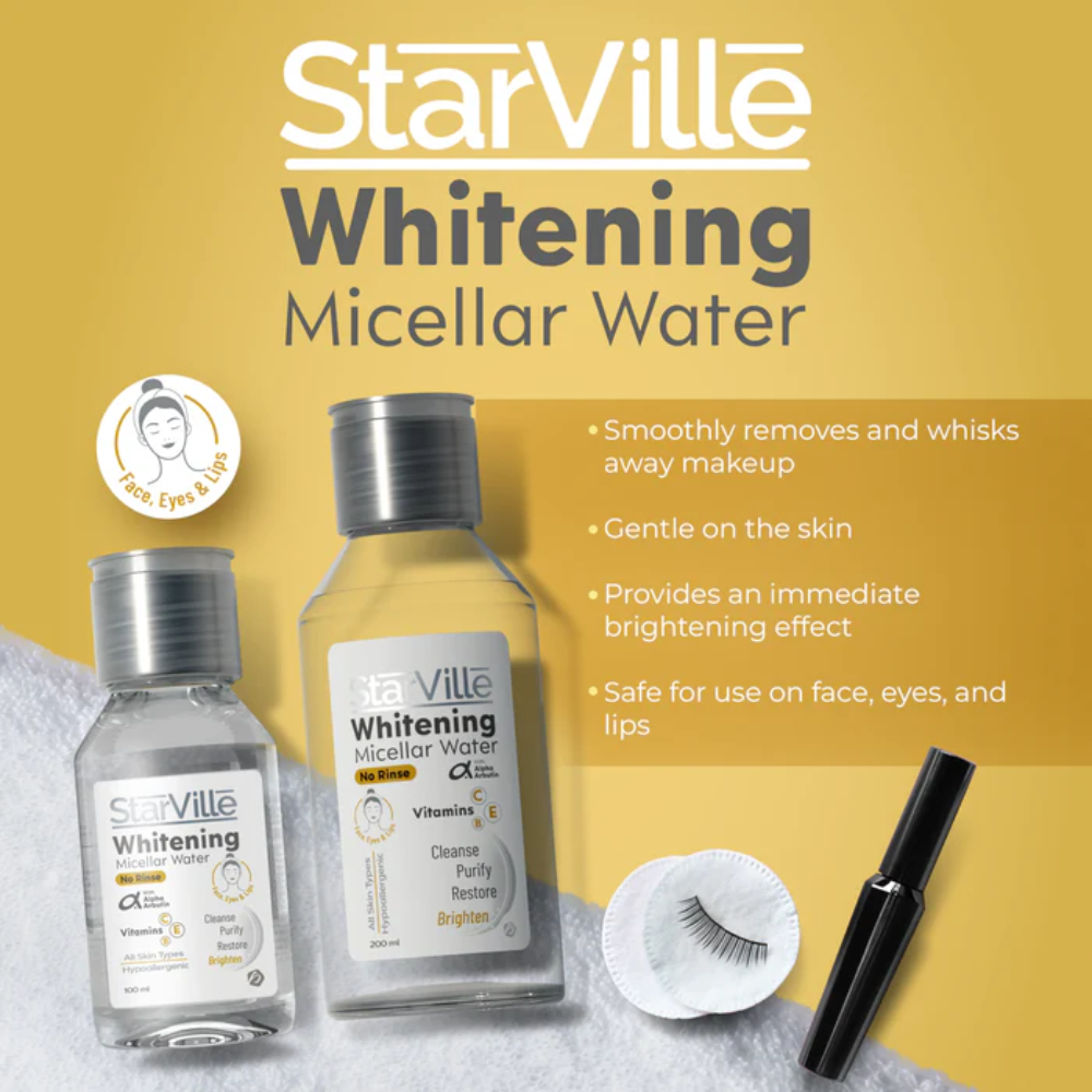 Starville Whitening Micellar Water 100ml bottle for facial cleansing and brightening, featuring clear liquid and minimalist label design.
