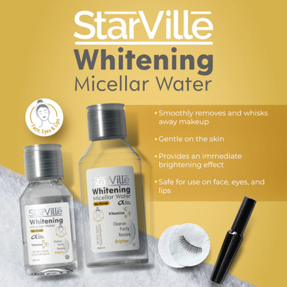 Starville Whitening Micellar Water 100ml bottle for facial cleansing and brightening, featuring clear liquid and minimalist label design.