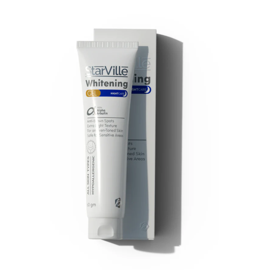 Starville Whitening Night Care Gel 60g, facial skincare product in a white tube with blue and pink accents, designed for nighttime skin brightening.