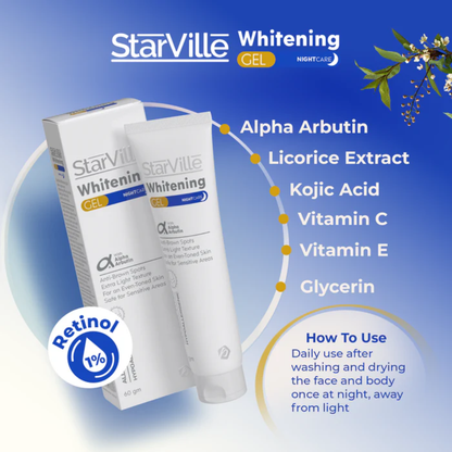 Starville Whitening Night Care Gel 60g jar with white and purple packaging, showcasing the facial care product in a close-up view.
