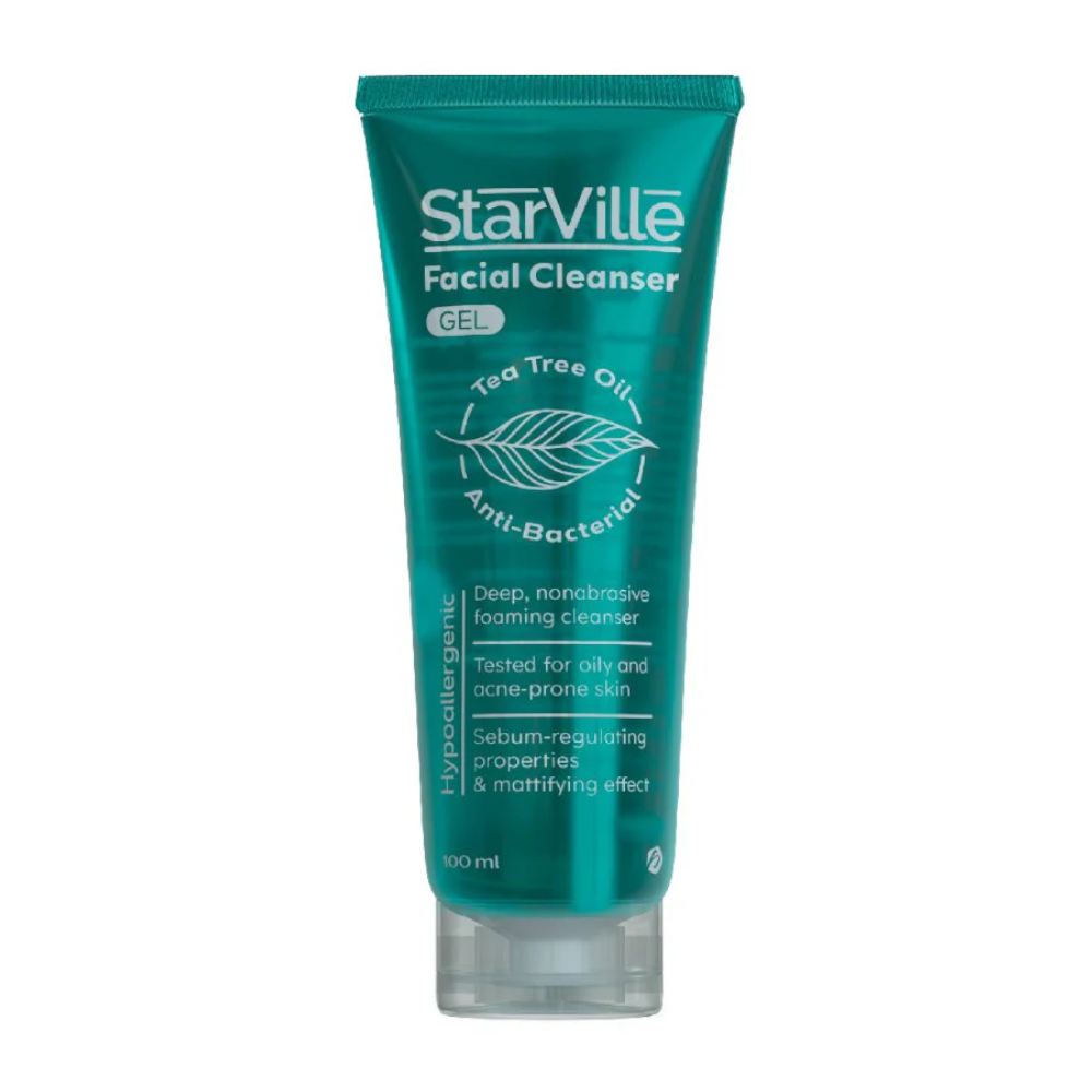 Starville facial cleanser gel for acne-prone skin, 100ml bottle, gentle facial care product in clear packaging.
