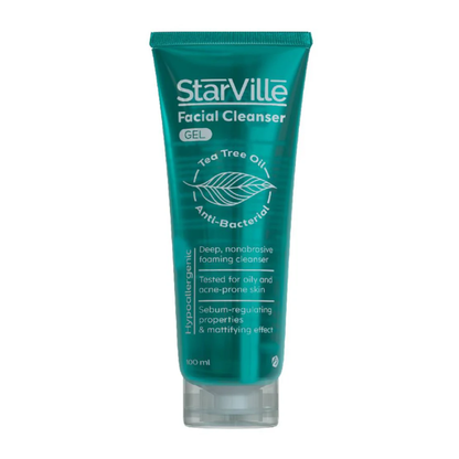 Starville facial cleanser gel for acne-prone skin, 100ml bottle, gentle facial care product in clear packaging.