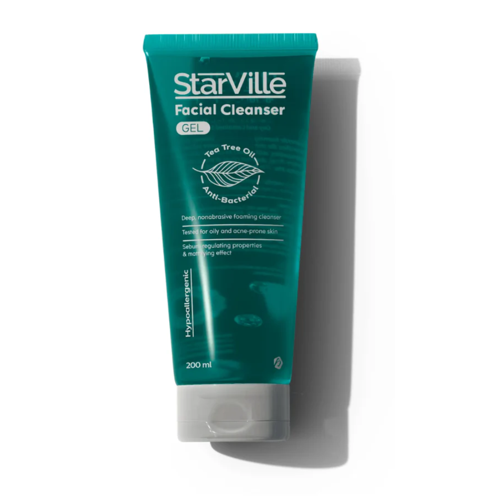 Starville facial cleanser gel in a 200ml bottle, designed for acne-prone skin, part of Starville's facial care range.