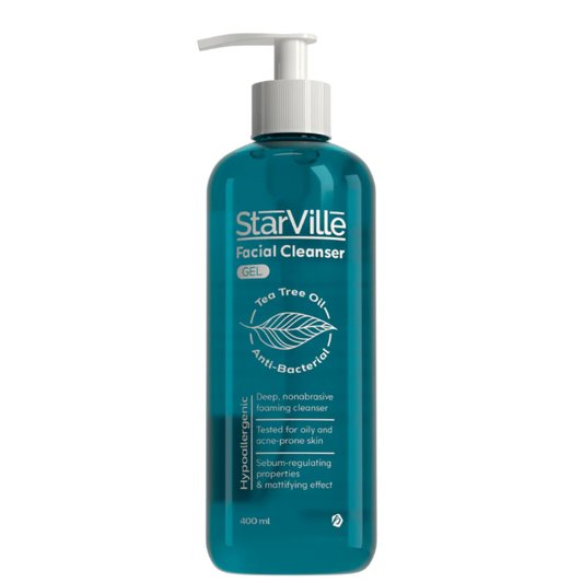 Starville facial cleanser gel for acne-prone skin, 400 ml, showcasing the clear cleansing gel in a pump bottle.