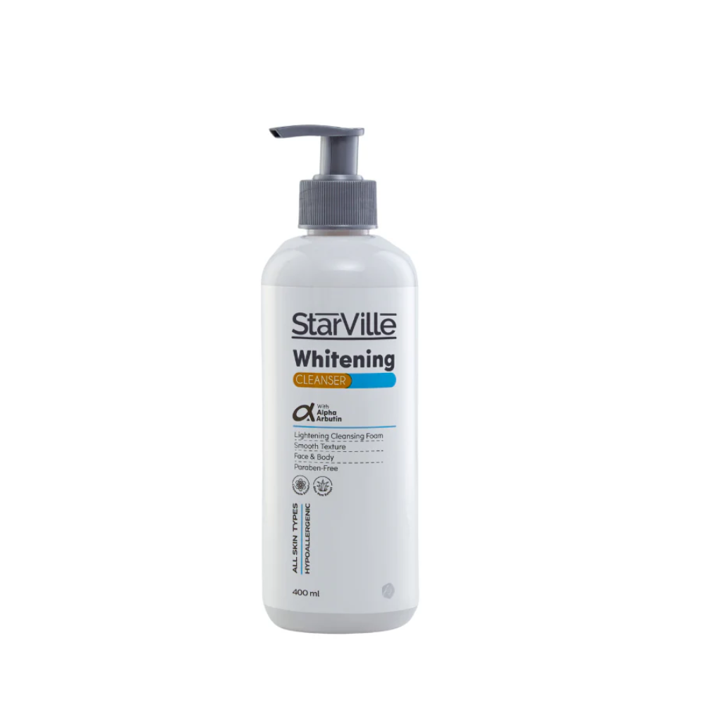 Starville Whitening Cleanser in a 400ml bottle, facial care product with a clear, brightening formula for skin cleansing