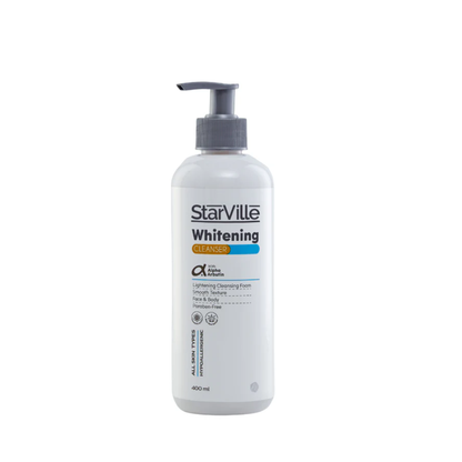 Starville Whitening Cleanser in a 400ml bottle, facial care product with a clear, brightening formula for skin cleansing