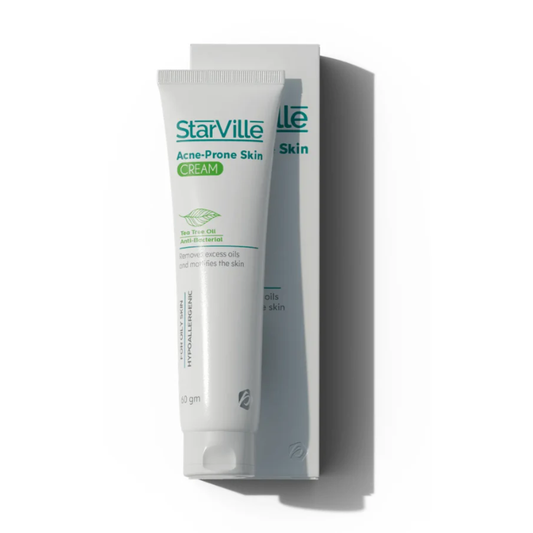 Starville acne-prone skin cream in 60g jar, facial care product for oily and blemished skin, with a smooth cream texture.