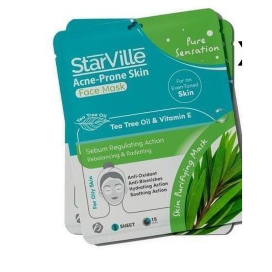 Starville acne-prone skin face mask with natural ingredients, designed for facial care to soothe and improve skin clarity.