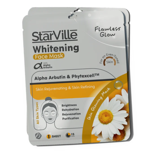 Starville whitening alpha arbutin face mask in a jar, designed for facial care and skin brightening treatment.