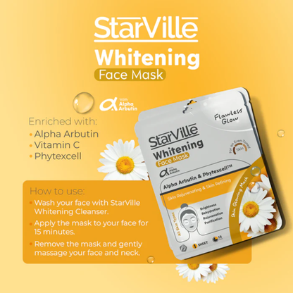 Starville whitening alpha arbutin face mask applied to clean skin, promoting brightening and even skin tone in facial care routine.