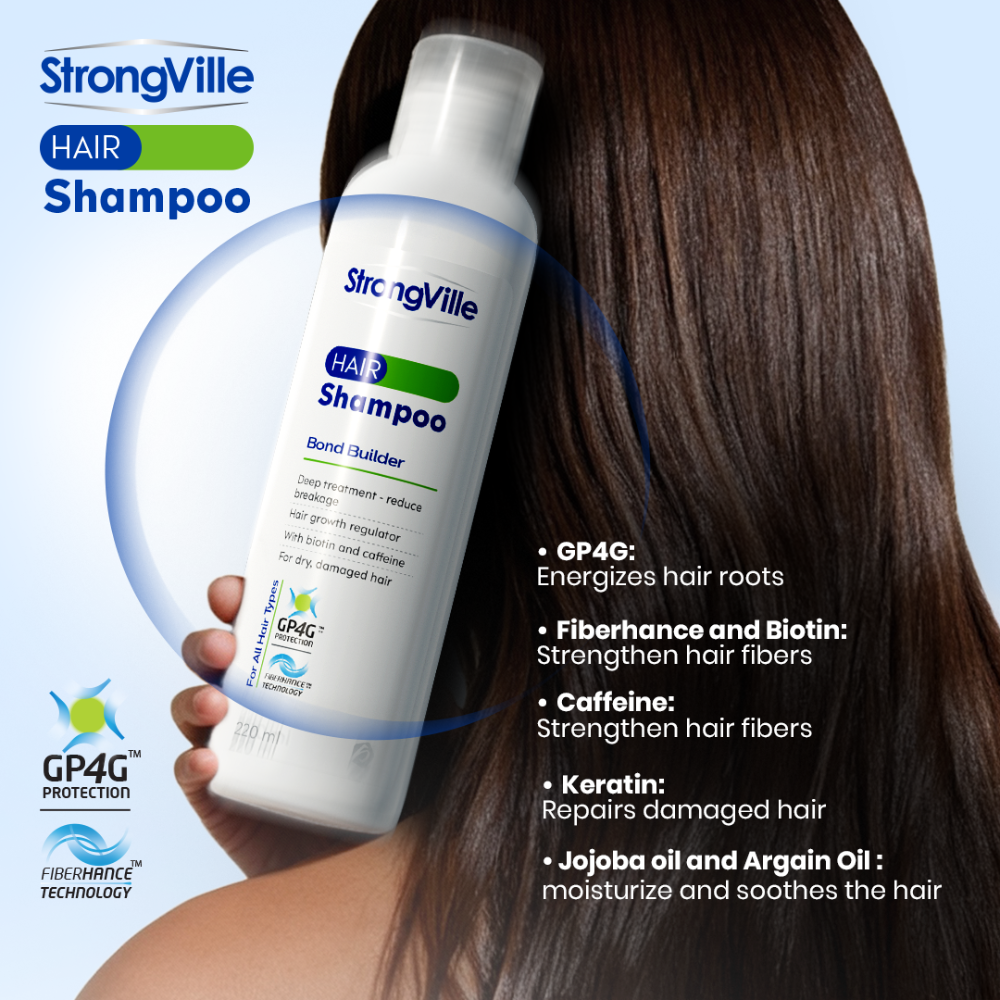 Strongville Extra Hair Shampoo 220 ml bottle showing the product label and packaging for hair care.