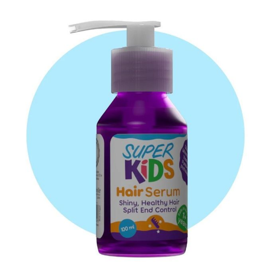 Super Kids baby hair serum in 100ml bottle, providing shiny, healthy hair and split end control for kids.