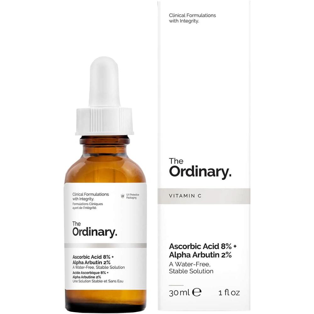 The Ordinary Ascorbic Acid 8% and Alpha Arbutin 2% facial serum bottle with dropper for brightening and skin tone correction.