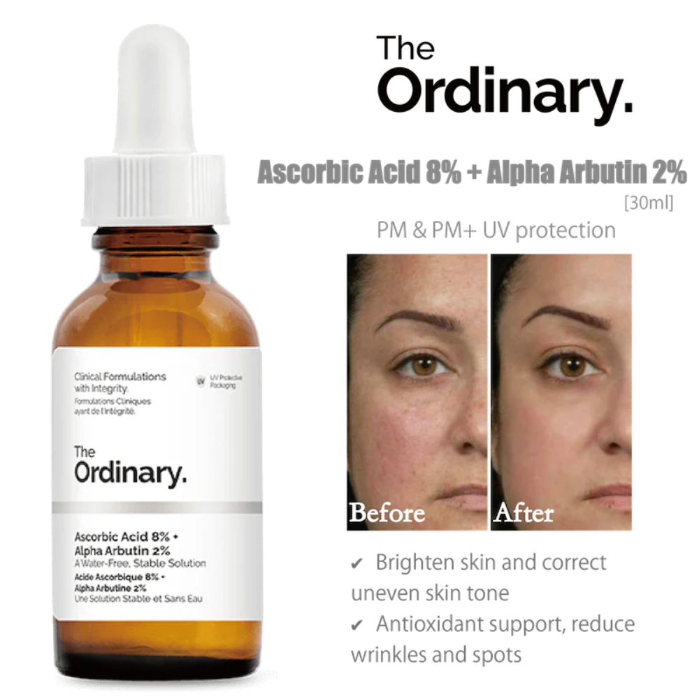 The Ordinary Ascorbic Acid 8% and Alpha Arbutin 2% facial serum bottle with dropper for brightening skin.