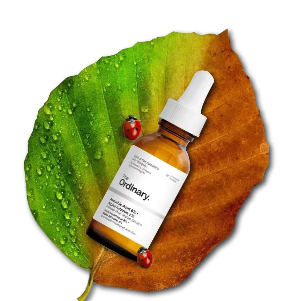 The Ordinary Ascorbic Acid 8% and Alpha Arbutin 2% facial serum bottle with dropper, designed for brightening and skin tone evening.