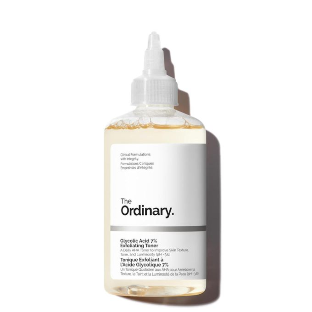 The Ordinary Glycolic Acid 7% Toning Solution in a 240ml bottle, facial skincare product for exfoliation and skin renewal.