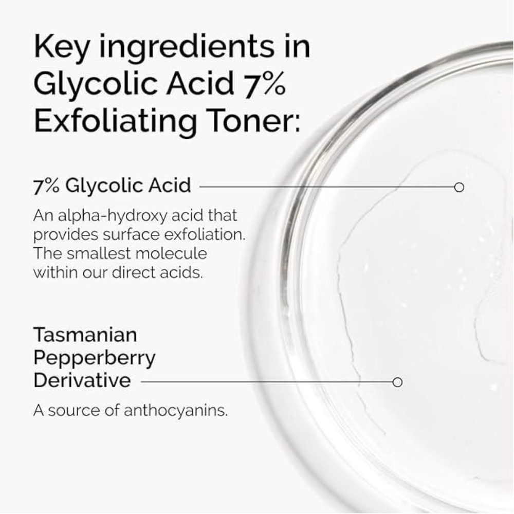 The Ordinary Glycolic Acid 7% Toning Solution in a 240ml bottle, facial care product, showing the clear liquid and packaging.