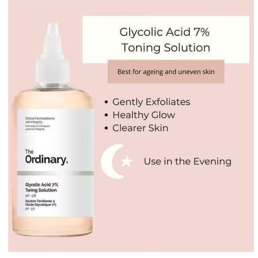 The Ordinary Glycolic Acid 7% Toning Solution in a 240ml bottle, facial skincare product for exfoliation and skin renewal.