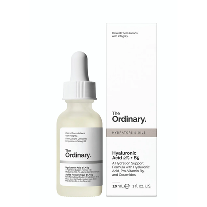 The Ordinary Hyaluronic Acid 2% + B5 facial serum in a 30ml bottle, showing the product label and clear dropper applicator.