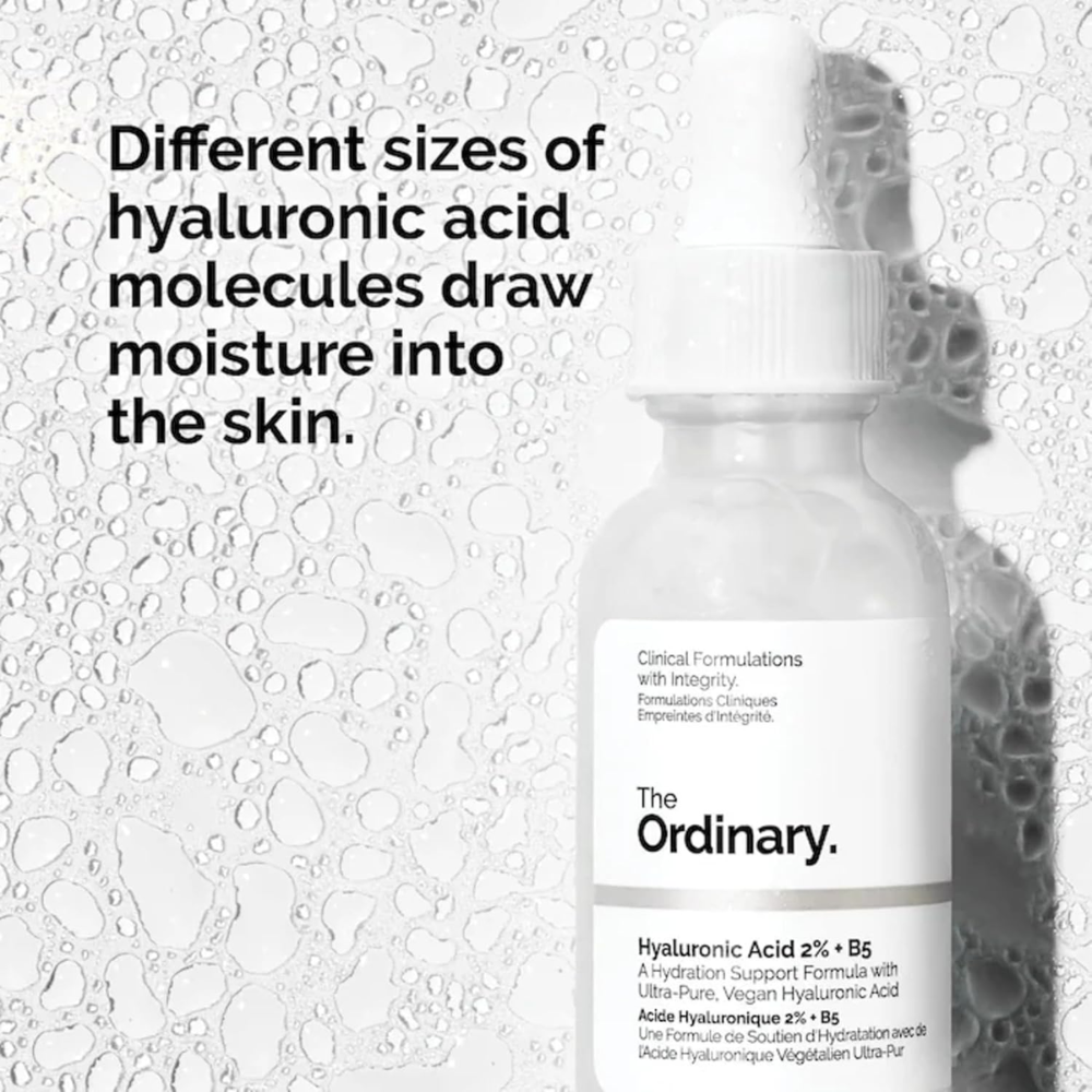 The Ordinary Hyaluronic Acid 2% + B5 facial serum in 30ml bottle, shown with clear dropper and product packaging.