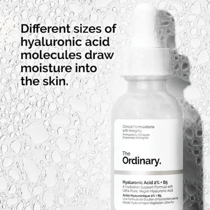 The Ordinary Hyaluronic Acid 2% + B5 facial serum in 30ml bottle, shown with clear dropper and product packaging.