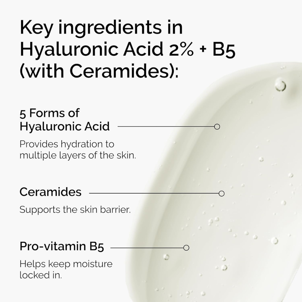 The Ordinary Hyaluronic Acid 2% + B5 facial serum in a 30ml bottle, showing clear dropper and product label on the packaging.