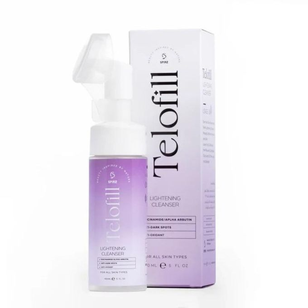 Telofill Lightening Cleanser 150ml, brightening and hydrating facial care product with a sleek bottle and clean design.