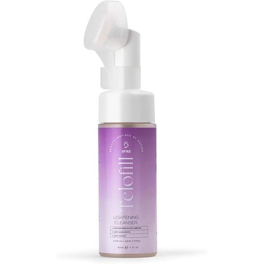 Telofill Lightening Cleanser 150ml bottle with white and blue packaging, brightening and hydrating facial care product.