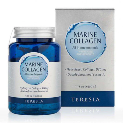 Teresia Marine Collagen All-in-One Ampoule in a 250ml bottle, featuring a clear liquid for facial whitening and anti-wrinkle care.