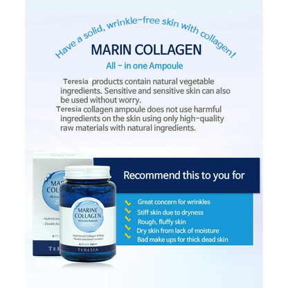 Teresia Marine Collagen All-in-One Ampoule in a 250ml bottle, featuring a white and blue label, for facial whitening and anti-wrinkle care.