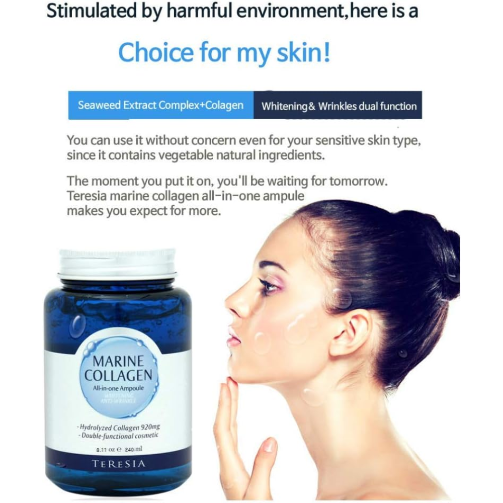 Teresia Marine Collagen All-in-One Ampoule facial care bottle with a white cap and clear label, emphasizing whitening and anti-wrinkle benefits.