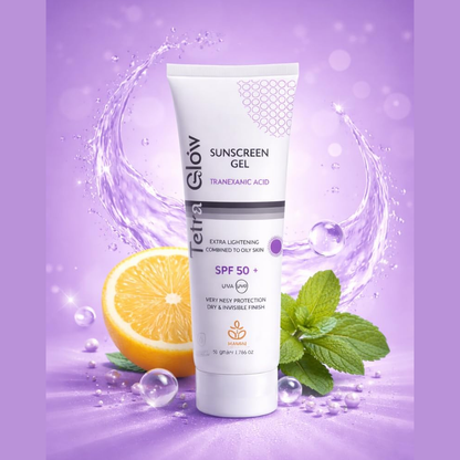 Tetra Glow Sunscreen Gel for oily skin, 50g, with clear, lightweight formula and chemical sun filters for facial sun protection.