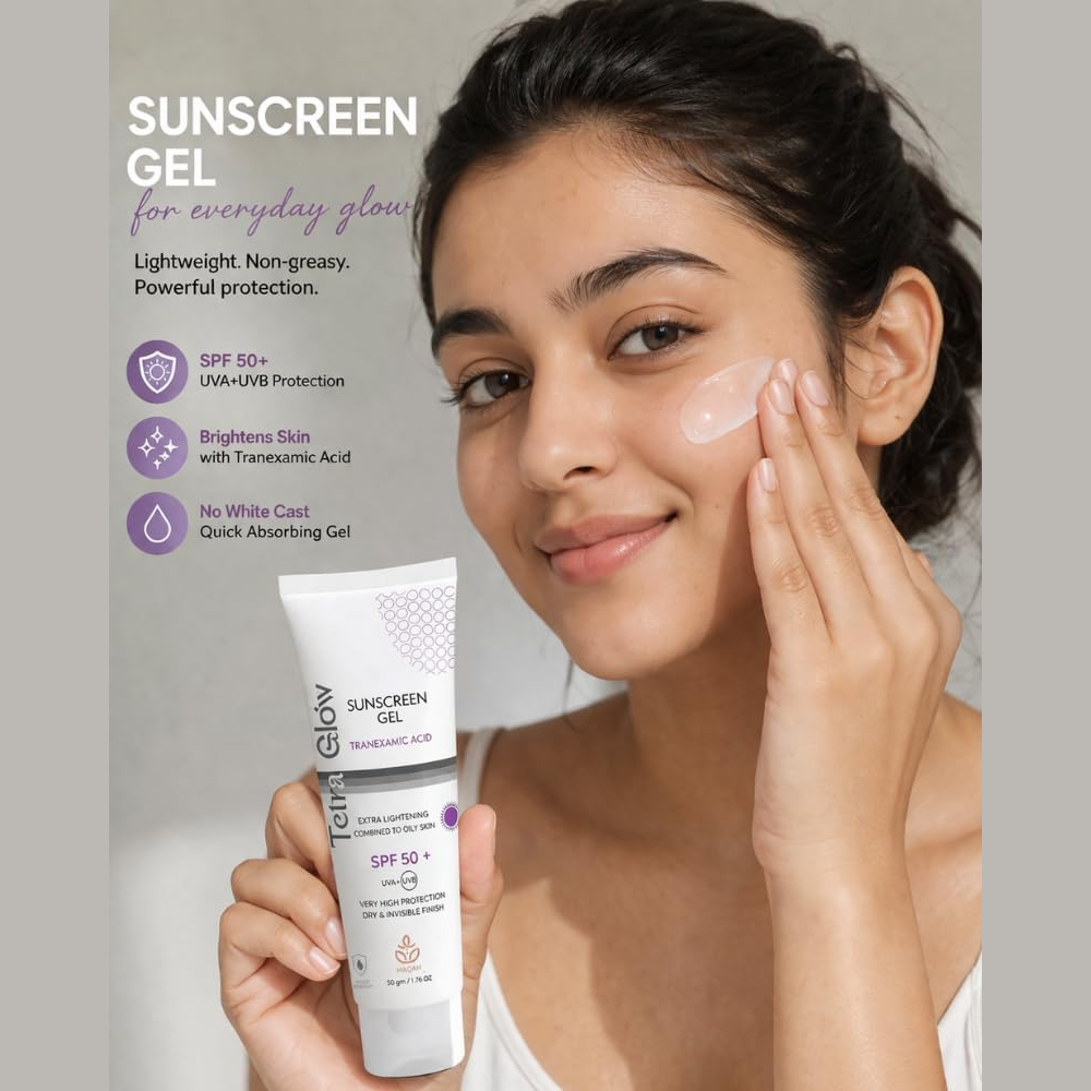 Tetra Glow Sunscreen Gel for oily skin, clear and lightweight facial sun protection with chemical filters, 50g.