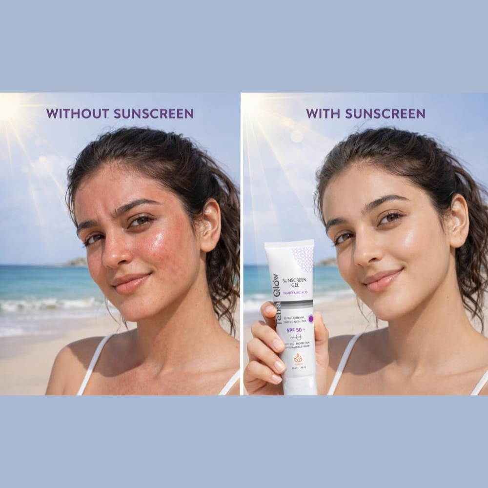 Tetra Glow Sunscreen Gel for oily skin, 50g, with clear transparency and chemical sun filters, facial care product.