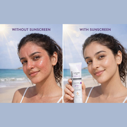 Tetra Glow Sunscreen Gel for oily skin, 50g, with clear transparency and chemical sun filters, facial care product.