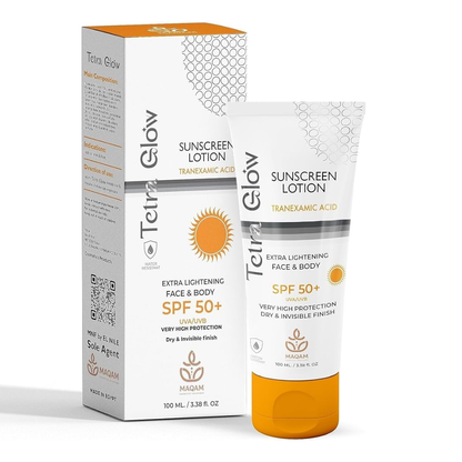 Tetra Glow sunscreen lotion 50g in a white tube, facial care product providing sun protection and skin nourishment.