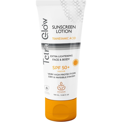 Tetra Glow sunscreen lotion 50g for facial care, showing the white lotion tube with Tetra Glow branding and product label.