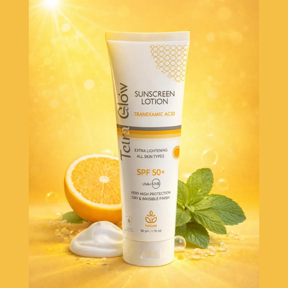 Tetra Glow sunscreen lotion 50g for facial care, showing the white bottle with Tetra Glow branding and product label.