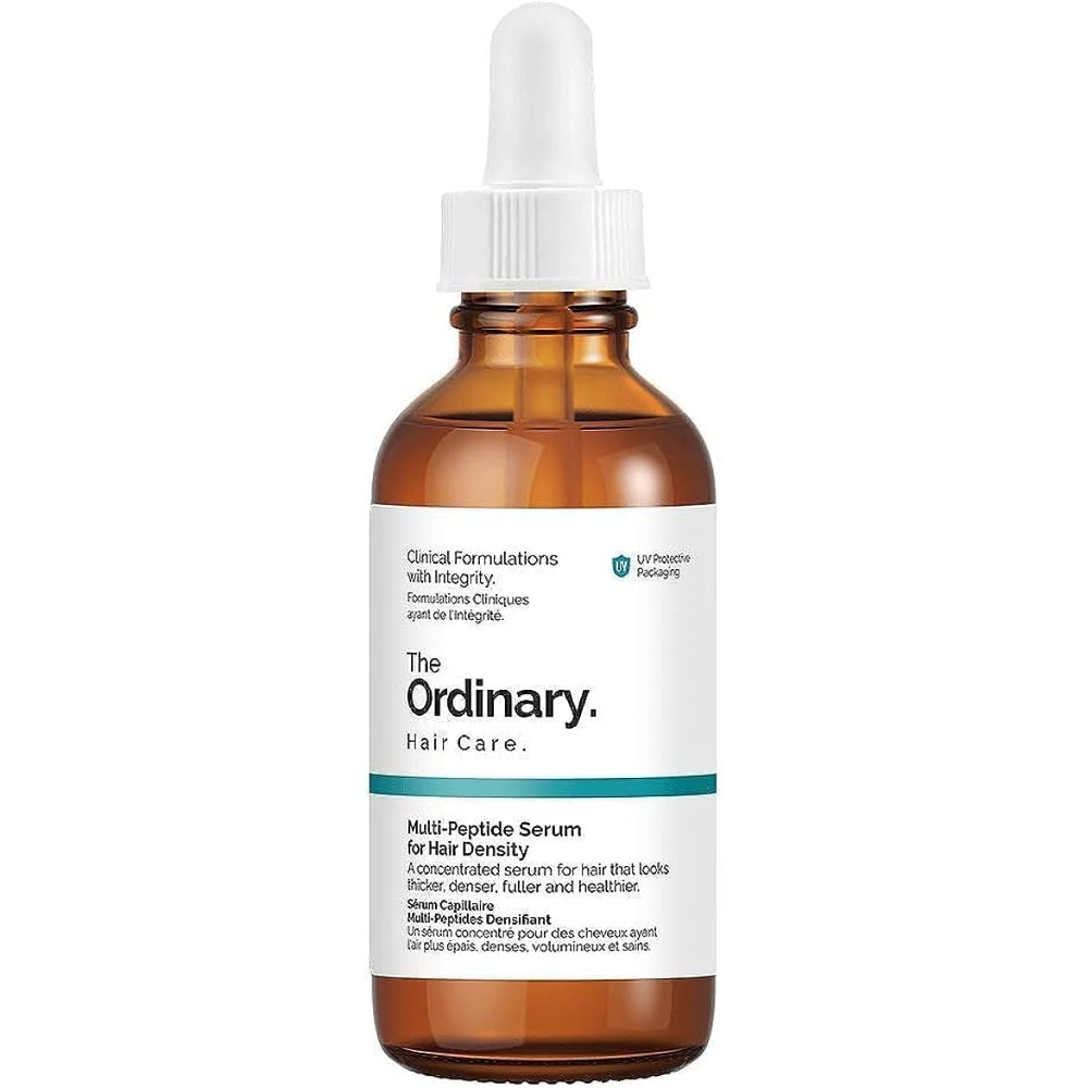 The Ordinary Multi Peptide Serum for Hair Density in a 60 ml bottle, featuring a clear serum with a dropper for hair care.