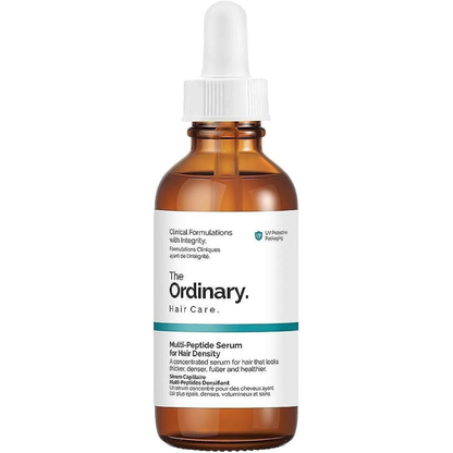 The Ordinary Multi Peptide Serum for Hair Density in a 60 ml bottle, featuring a clear serum with a dropper for hair care.