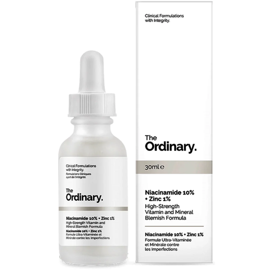 The Ordinary Niacinamide 10% and Zinc 1% facial serum in a clear 30ml bottle, showing the product label and transparent liquid