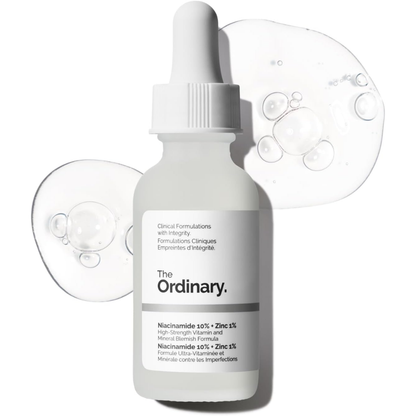 The Ordinary Niacinamide 10% and Zinc 1% facial serum in a clear 30ml bottle, shown with dropper applicator.
