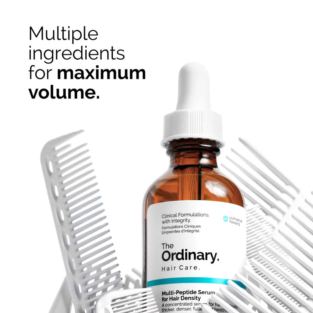 The Ordinary Multi Peptide Serum for Hair Density in a 60 ml bottle, showing the clear serum and product packaging.