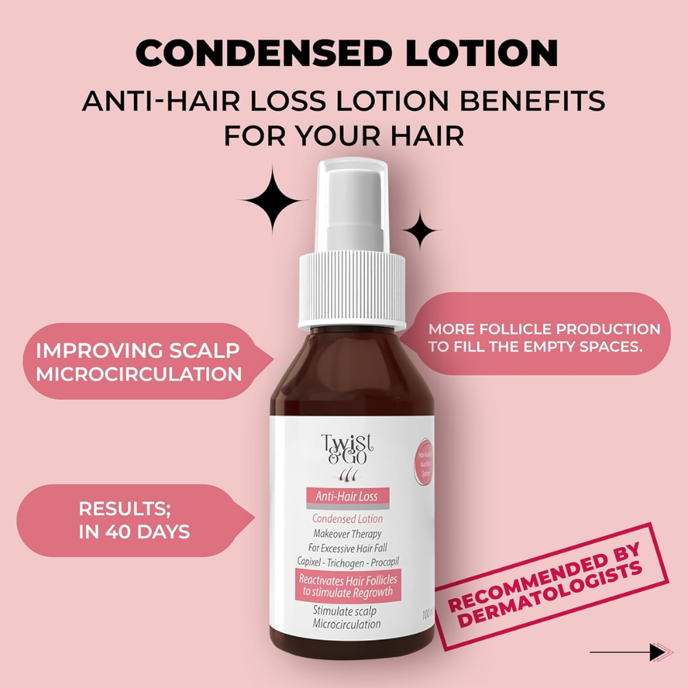 Twist & Go Excessive Hair Fall Anti-Hair Loss Lotion 100ml bottle with pump dispenser, designed to reduce hair fall and promote healthy hair.