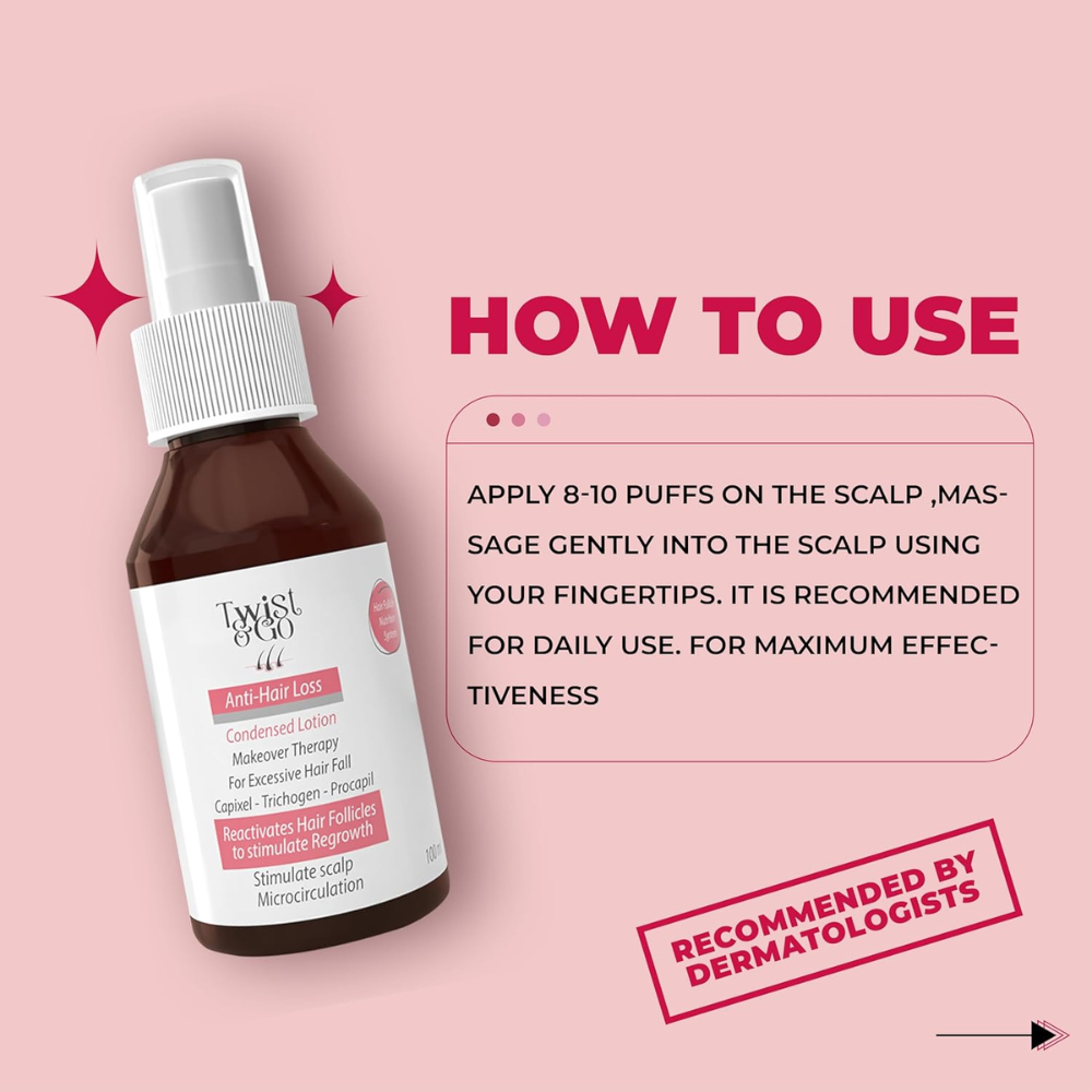 Twist & Go Excessive Hair Fall Anti-Hair Loss Lotion 100ml bottle with applicator for hair care treatment.