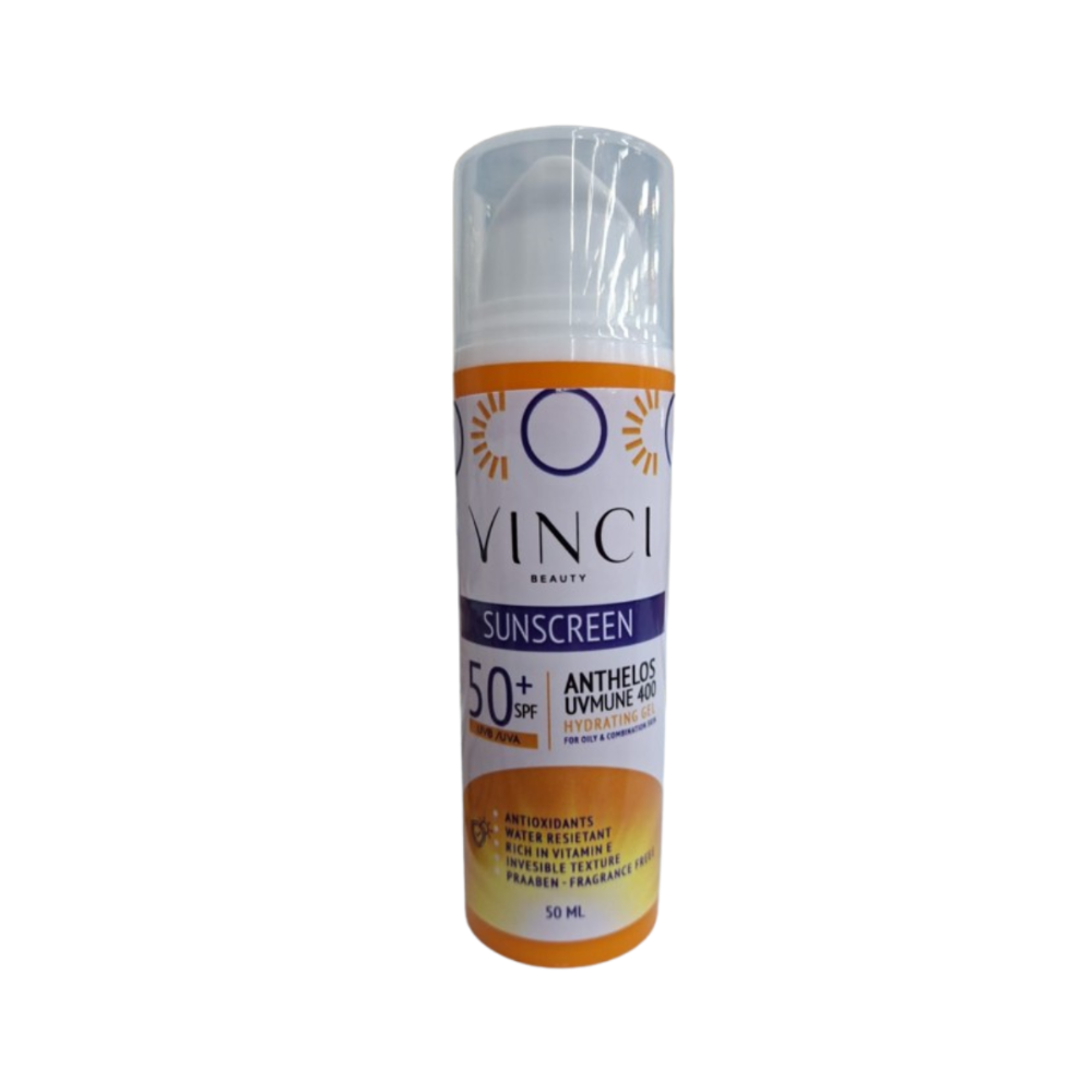 VINCI SPF50+ Hydrating Gel in 50ml, a facial sunscreen with lightweight, moisturizing formula and broad-spectrum UV protection.