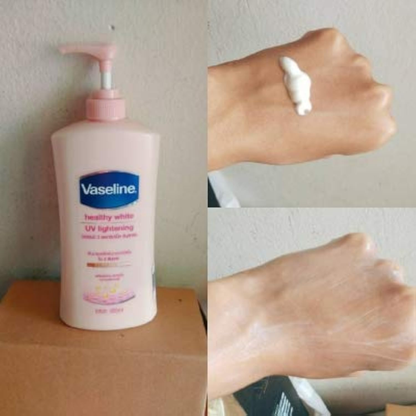 Vaseline sun protection body lotion 500 ml bottle, moisturizing skin care with SPF protection, white pump dispenser and label.