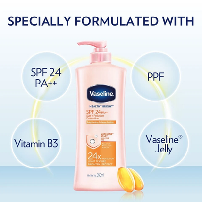 Vaseline body lotion with sun protection in a 500 ml bottle, designed for moisturizing and shielding skin from sun damage.