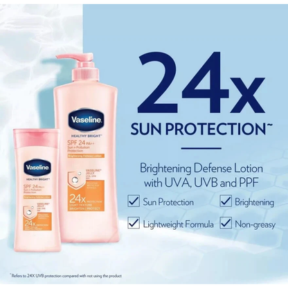 Vaseline Body Lotion Sun Protection 500ml bottle featuring moisturizing and SPF sun care benefits in a white and blue container.