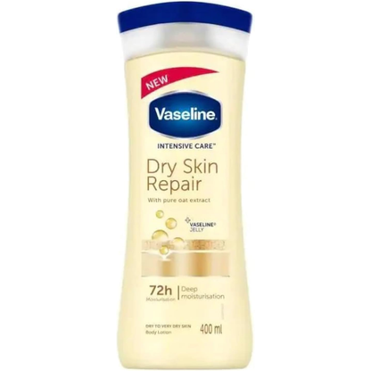 Vaseline Intensive Care Body Lotion for dry skin, 400ml bottle showing smooth, hydrated skin and moisturizing application